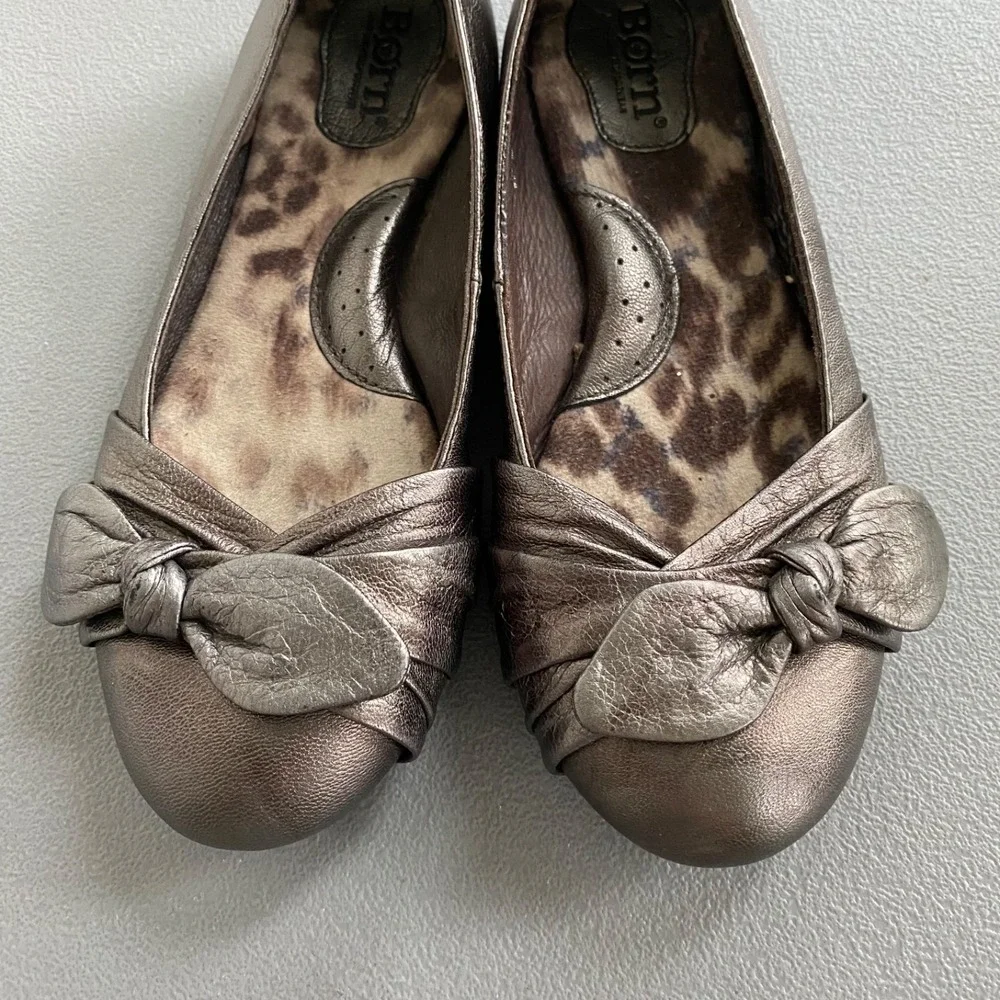 Born Womens Molly Metallic Leather Ballet Flats Size 5 Bow Feminine Shoes Boho